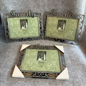 3 Notre 7x5 tabletop metal picture frames with 'Family', 'Friends', and 'Love'